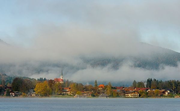 View towards Bad Wiessee Lake Tegernsee near village Rottach Egern in the Bavarian Alps